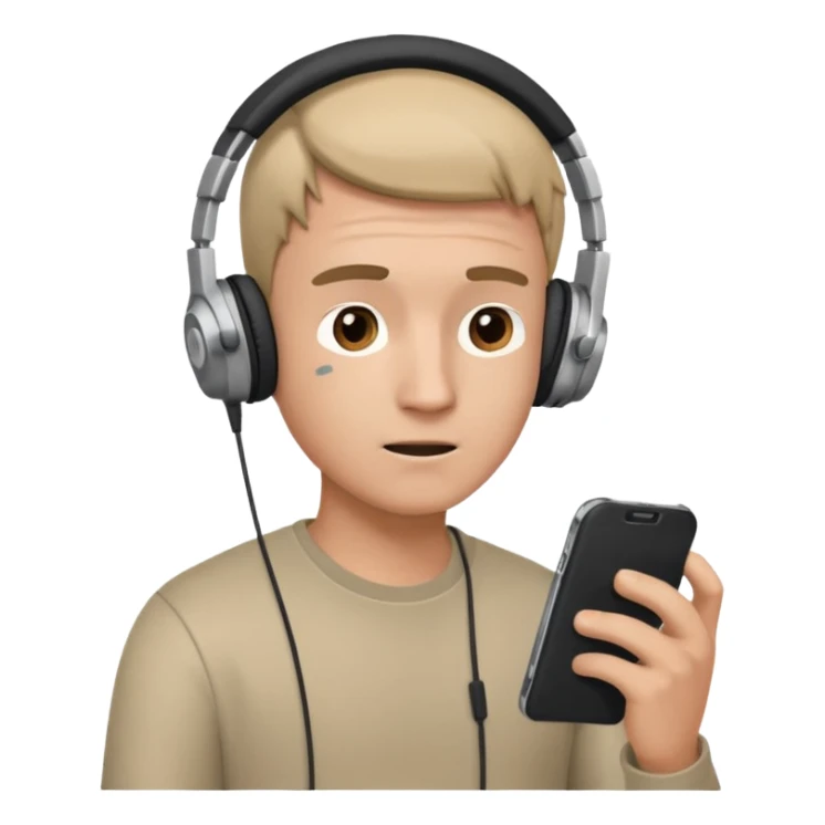 confused guy headphones on and with phone in hand turned to left quaterly sticker