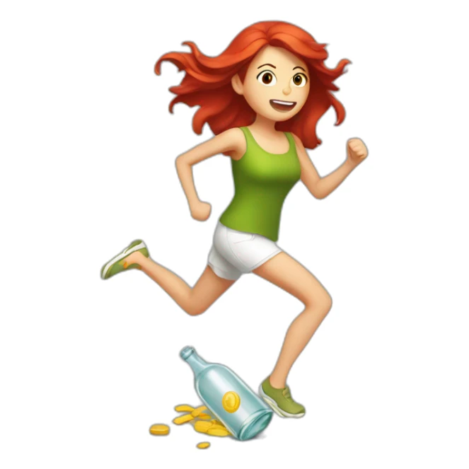 red-haired woman runs under her feet a broken bottle sticker