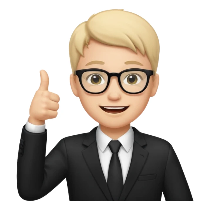 un estudiante con terno negro que este parado con sus lentes guiñando el ojo y CON LAS MANOS HACIA ARRIBA DANDO LIKE sticker