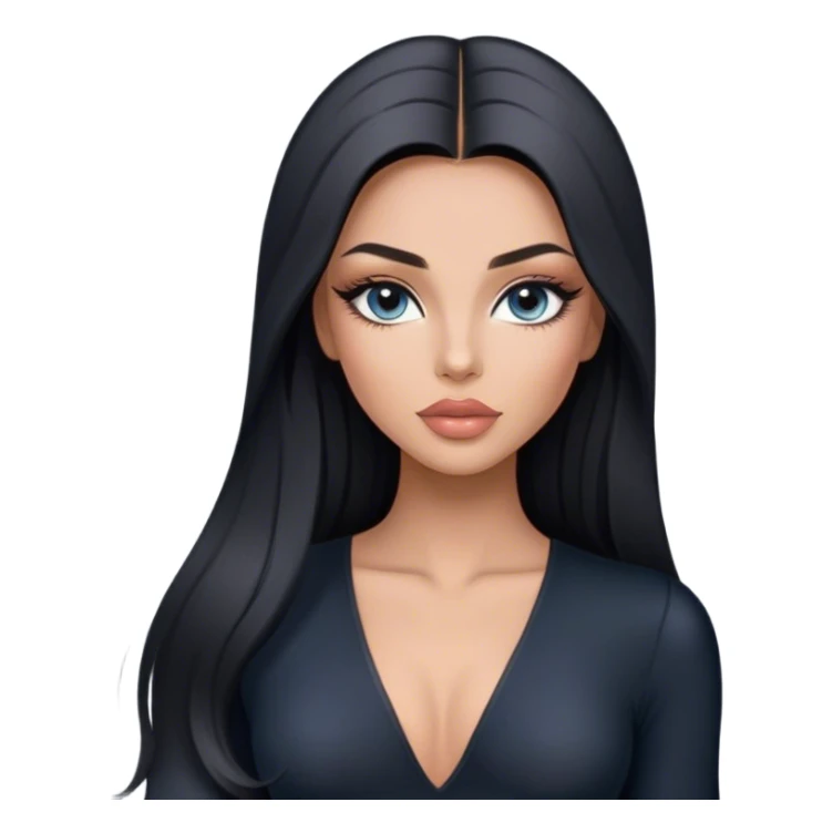 Glamours, tanned, very beautiful girl, with big pump peach-beige-rose lips, long long lashes, black straight smooth silky long hair, straight parting hair, blue-grey eyes in black long-sleeves v-neck bodysuit sticker