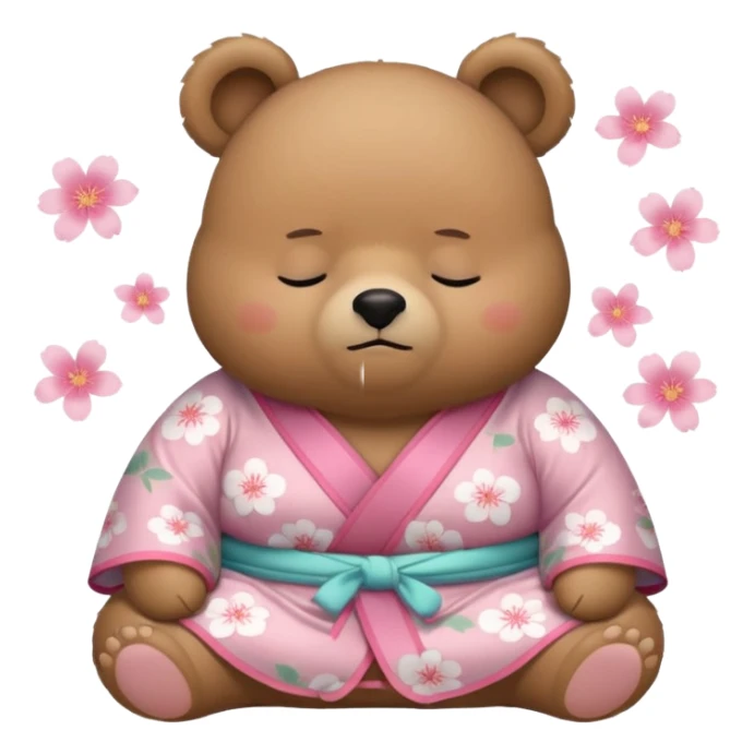 A cute chubby light-brown bear wearing a pastel pink sakura-patterned kimono, body and round head, adorable simple face, sleepy half-closed eyes, small blush on cheeks, sitting while dozing off, tiny “zzz” floating above the head sticker