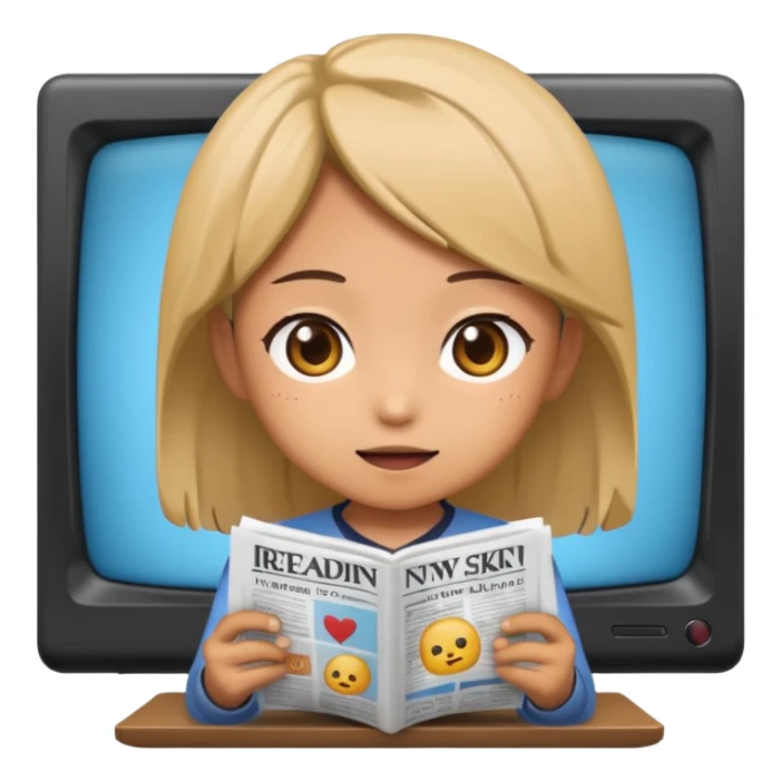 TV screen displaying a chibi anime character reading news, emoji style sticker