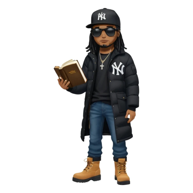 African American man with shoulder length black dreadlocks and black sunglasses wearing a black New York Yankees baseball hat with a North Face brand bubble winter coat with denim skinny jeans and timberland boots walk holding a holy bible in hand sticker