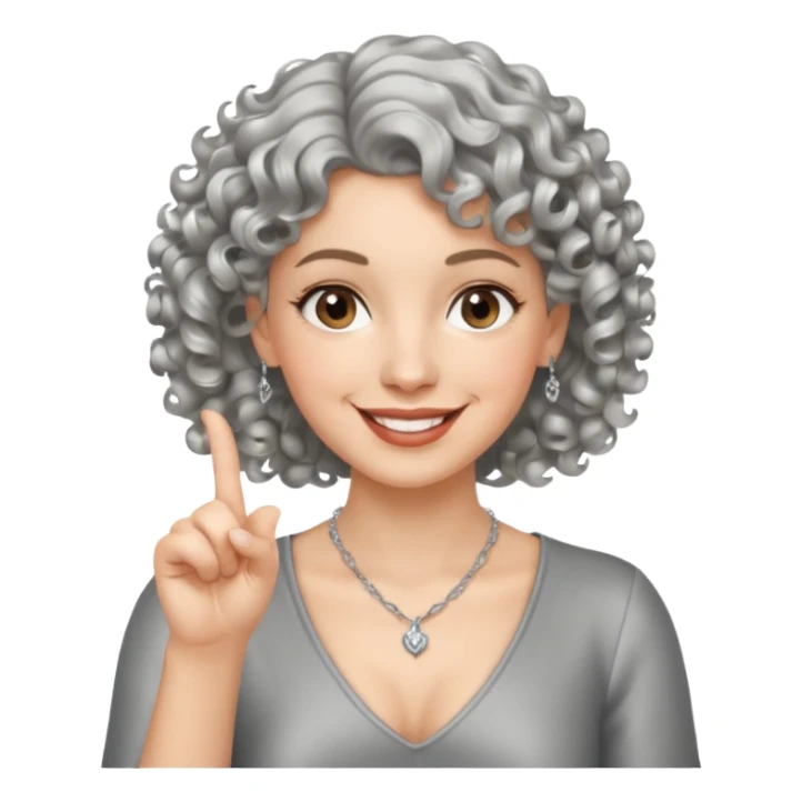 silver, short, wavy-haired with curls, smiling pretty lady, hopeful, pointing 2 fingers up


 sticker