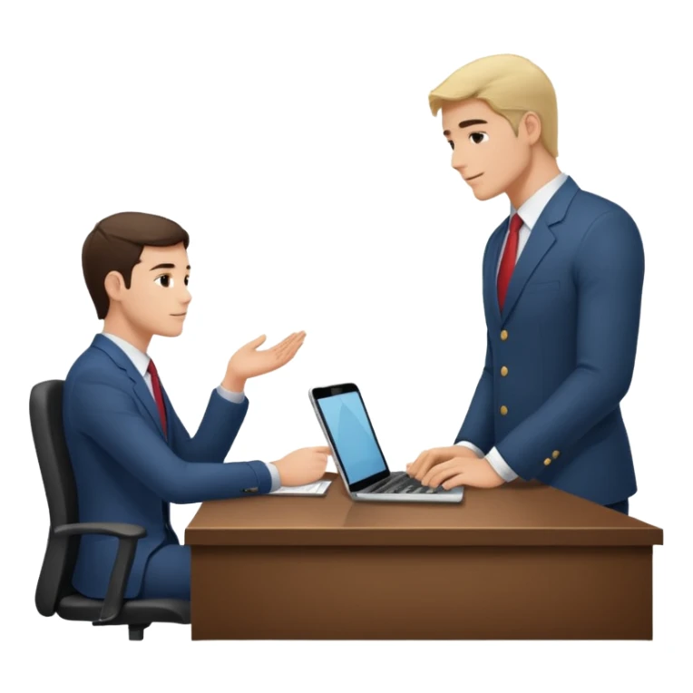 une image de 3/4 avec un recruteur à son bureau PAS DE FACE DE 3/4! qui regarde un candidat assis en face de lui. le recruteur est à droite sticker