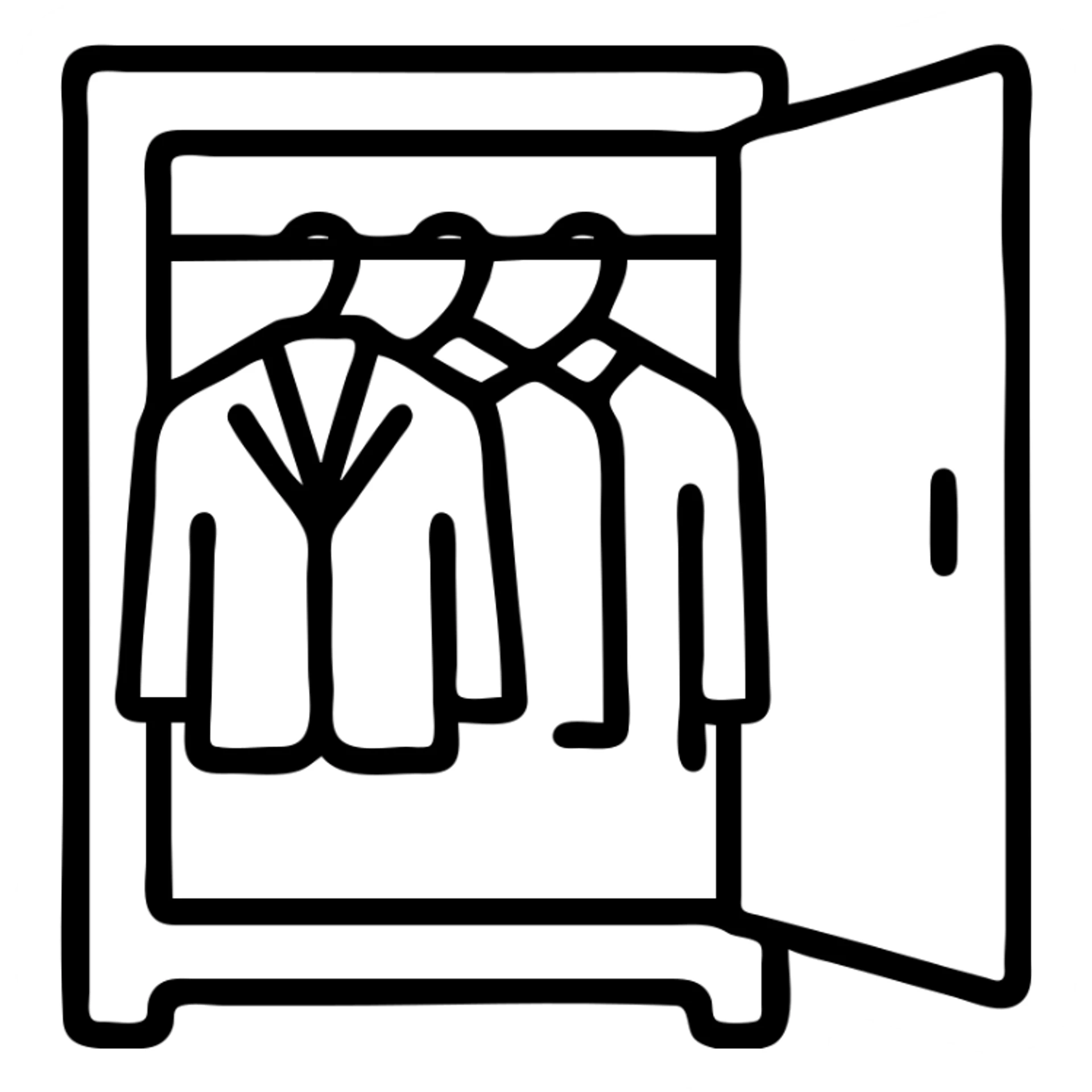 Minimalist flat design of a closet or wardrobe, slightly open showing neatly hung jackets and shirts, clean professional look sticker