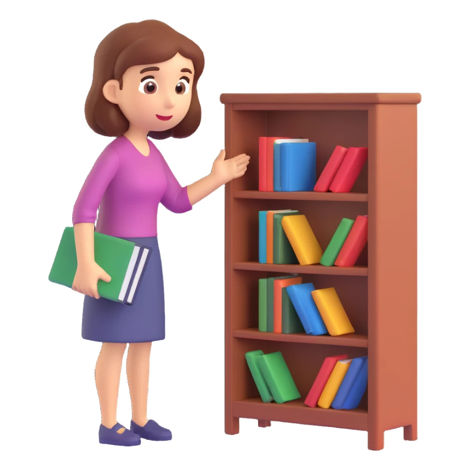 a woman looking at a small bookcase sticker