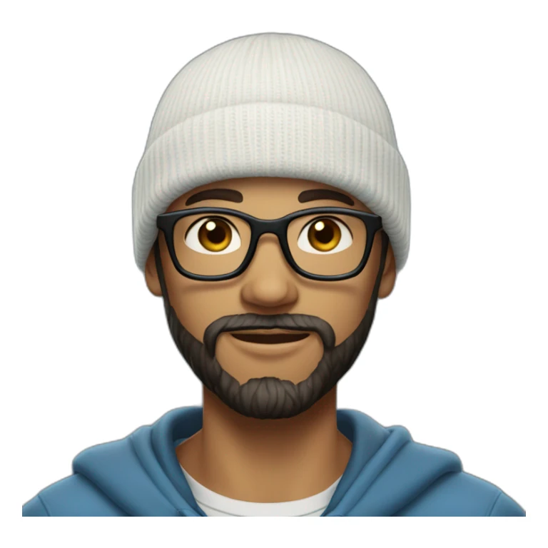 young dark-haired blue eyeswhite man with a beanie, glasses and beard sticker