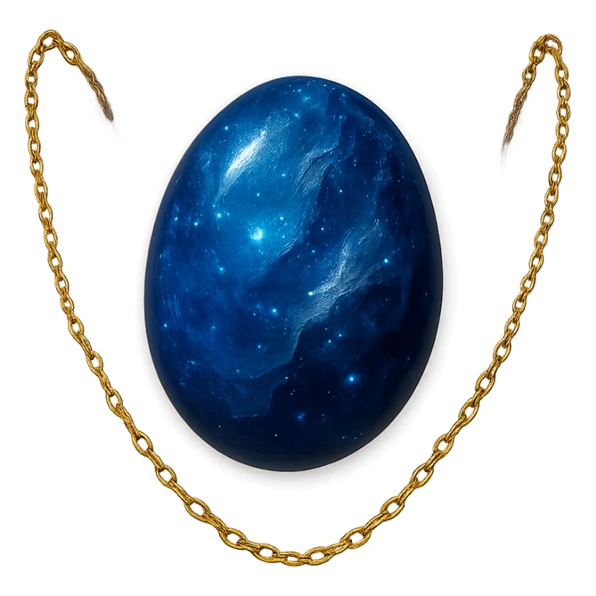 delicate floating gold chain cradling a deep blue stone with swirling white and gray veins, glowing faintly like the night sky, radiating mystery and magic sticker