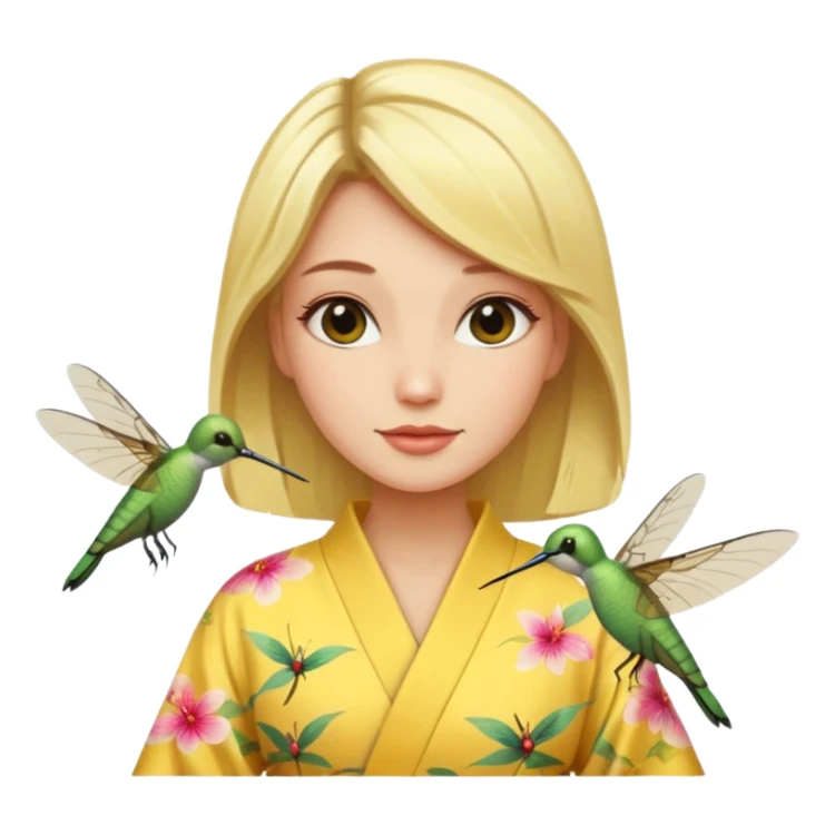 Blonde in yellow kimono with dragonfly and hummingbird  sticker