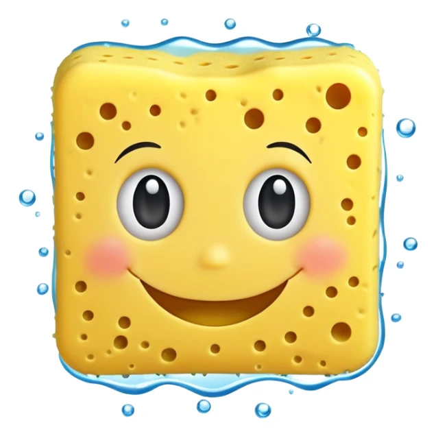 A happy yellow cleaning sponge with a smiling face sticker