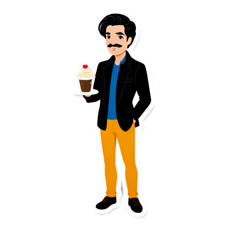 White German white man with black hair ist holding a cup with pudding sticker