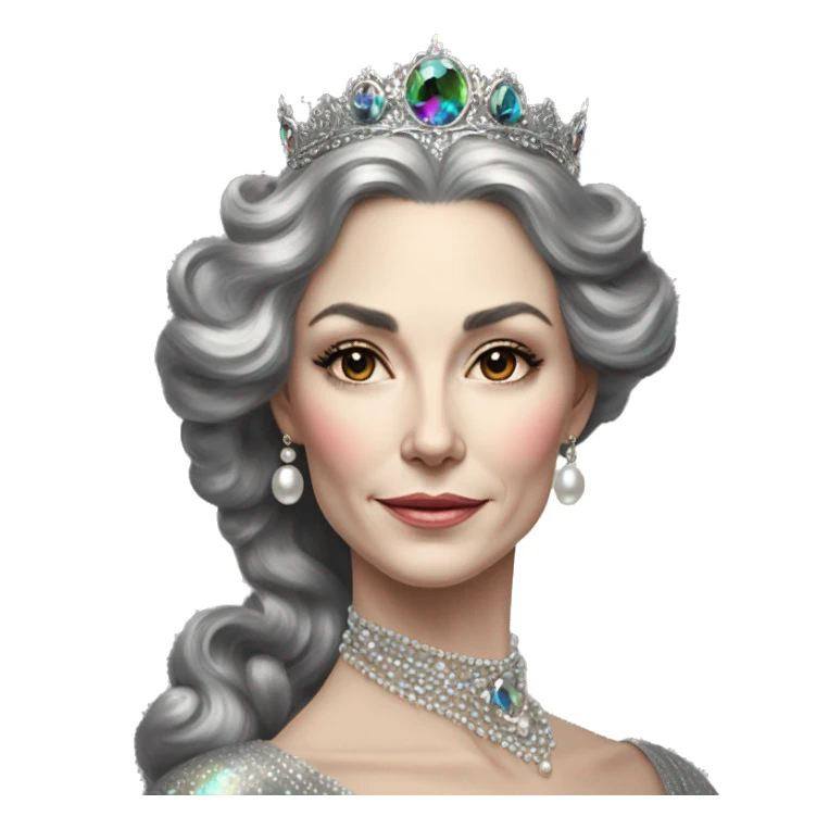 Regal pretty slender middle age woman photograph defined cheekbones high cheekbones crown vintage with very long iridescent black and silver hair wavy long hair pearl crown iridescent sticker