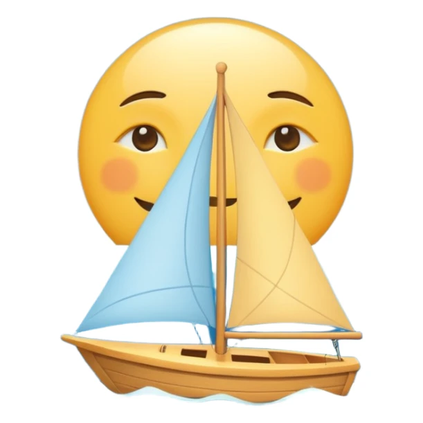 A small sailboat emoji sailing on the ocean, with half the sky showing the sun and half showing the moon. Minimal vector style, soft gradients, white background. sticker