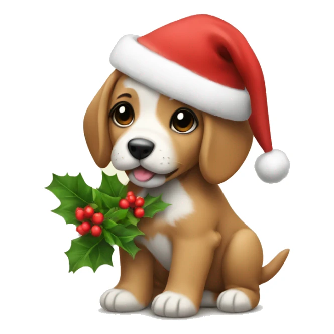 a little puppy with a christmas hat holding flowers sticker
