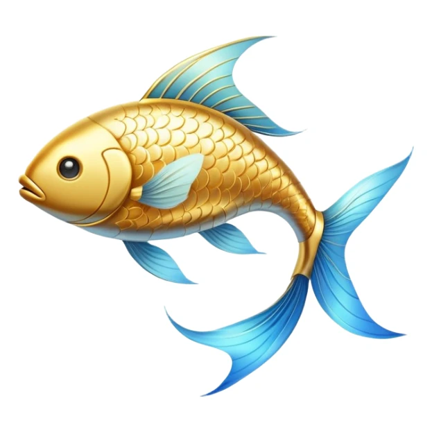 Luminous golden fish icon with flowing lines, stylized as an omega-3 symbol. The fish has a metallic gold appearance with gentle light emanating from within, creating a magical, ethereal quality against a subtle blue glow. sticker