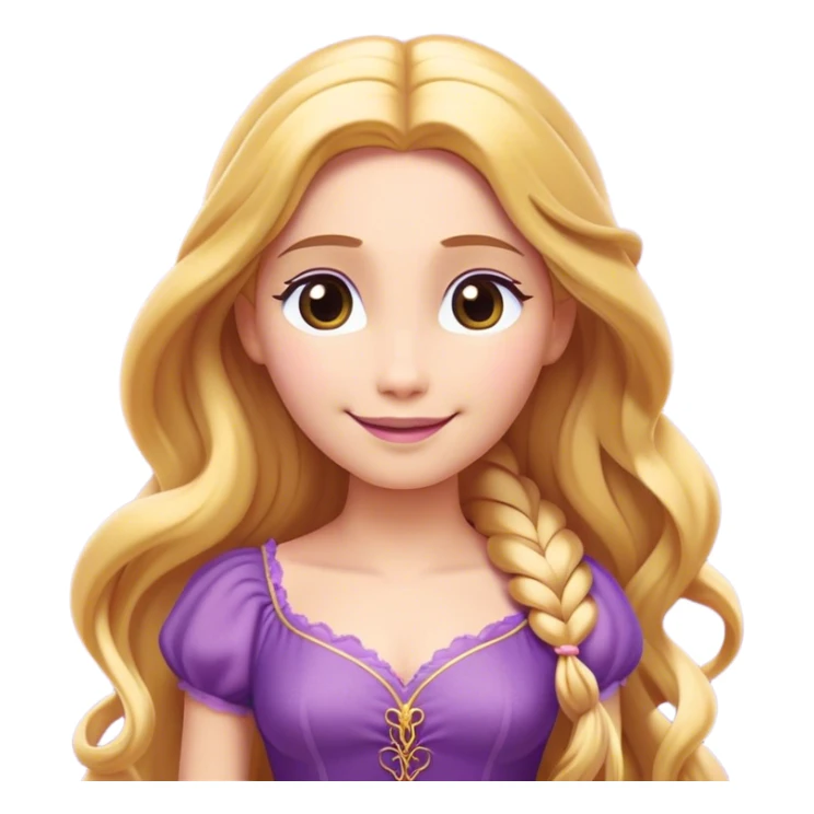 Cinematic Radiant Rapunzel Portrait Emoji, rendered in a flat vector style with clean proportions. Show Rapunzel with a gentle smile, fair, glowing skin, and her iconic long golden hair cascading softly, wearing a simple, elegant purple dress. The image radiates a warm, enchanting glow, high shine, and is accentuated by a soft glowing outline. sticker