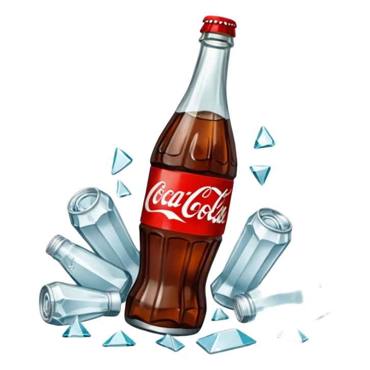bottle of coca cola broken in the middle glass shards sticker
