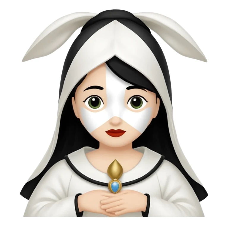 vull un perosnatge estil bimoji que sigui com una nimfa bella i fantasmal amb túniques blanques. Té la pell literalments blanca com el guix, cabell platejat, un nas llarg, ulls negres grans i llavis carmesí. que estigui somrient sense arrecades i roba vermellai balnca  sticker