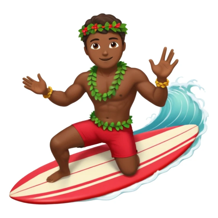 Dark muscular surfer riding big wave wearing red shorts and a head leaf lei and shell necklace sticker