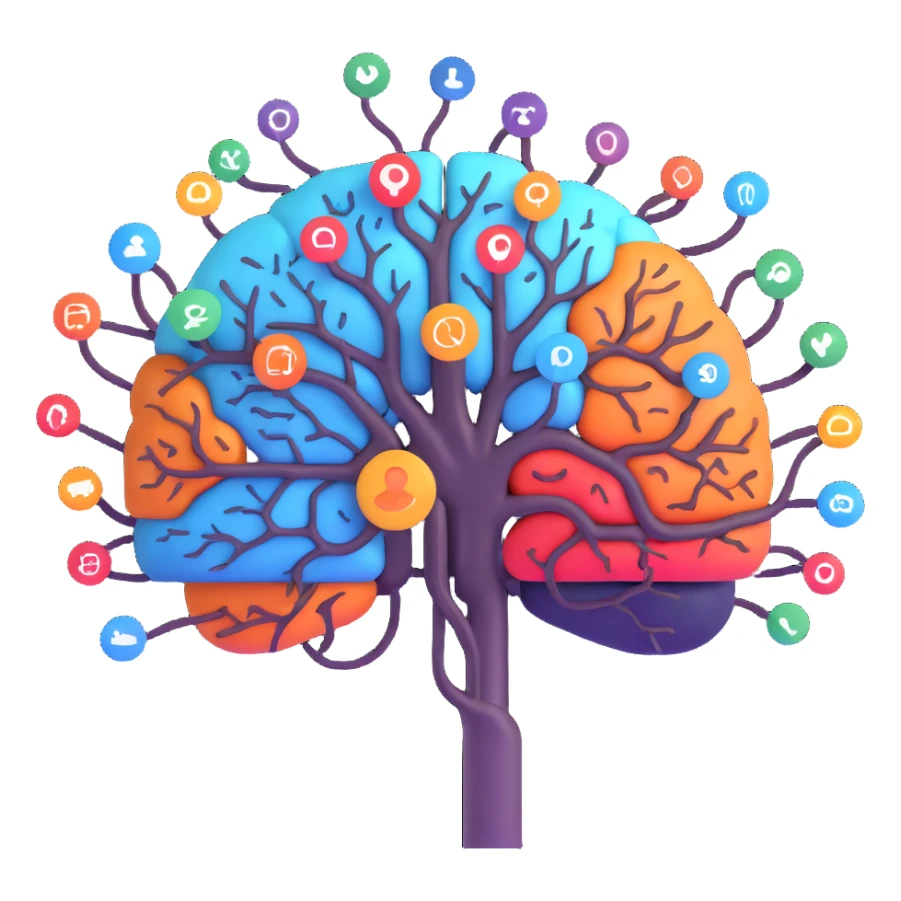 3D emoji style central AI brain with branching paths leading to diverse people and icons, each path glowing to show unique, personalized journeys in work and sales sticker