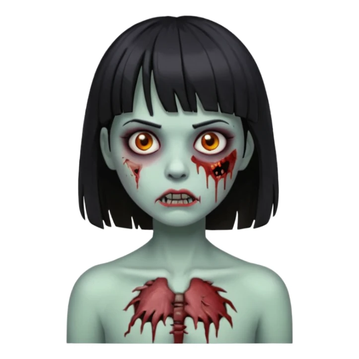 Um zumbi feminino, com cabelo preto e franja, machucados pelo rosto e torso sticker