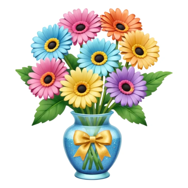 10 Various pastels Gerbera In a vase , with glitter bow  sticker