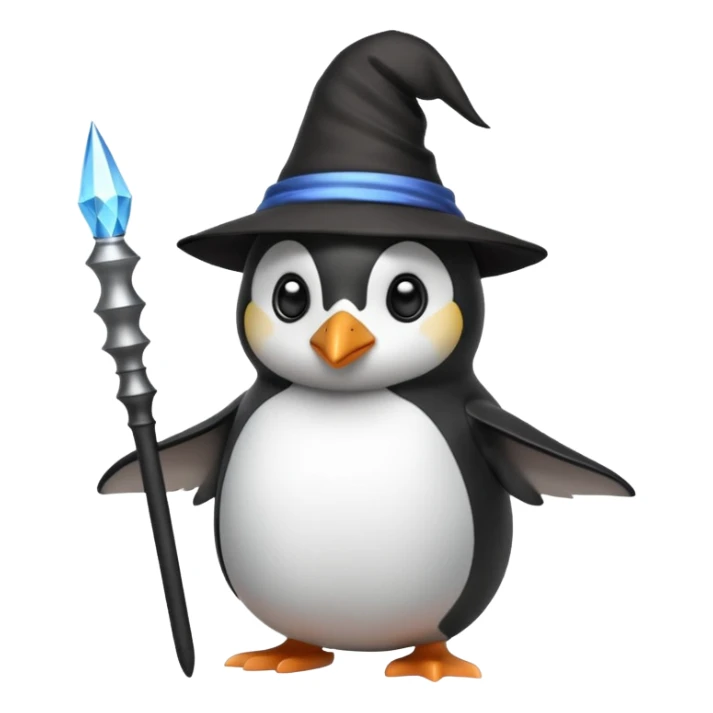 A penguin wizard with a pointy hat and a magic wand, looking magical and cute sticker
