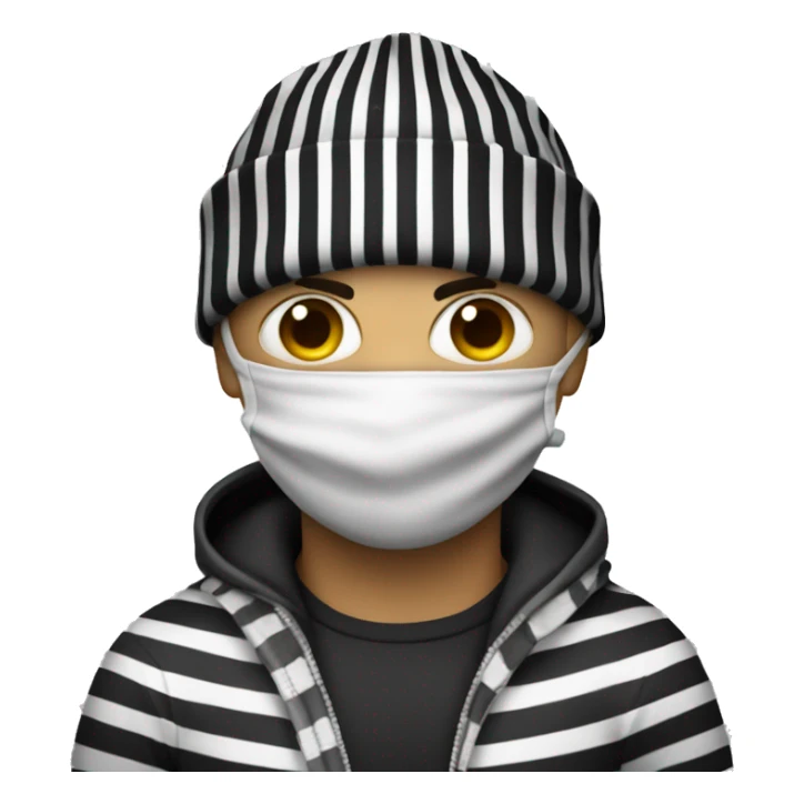 Robber with beanie and eye mask with black and white stripes, carrying a bag with a money symbol sticker