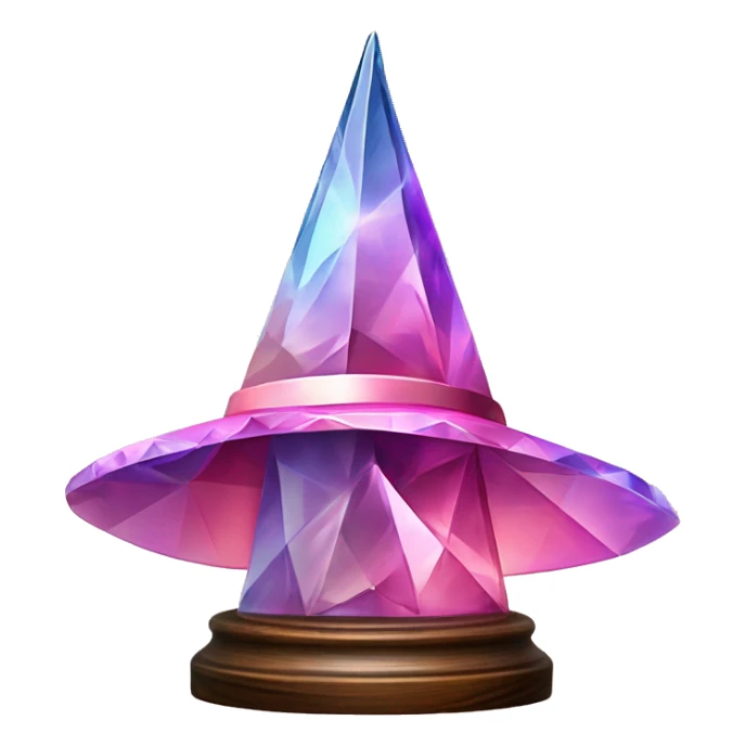 crystal sculpture witch hat with a geometric, faceted design. The hat is standing upright on a wooden stand with angular and baroque features. The vibrant midtone tints of pastels and pink highlights the sharp edges and planes.  sticker