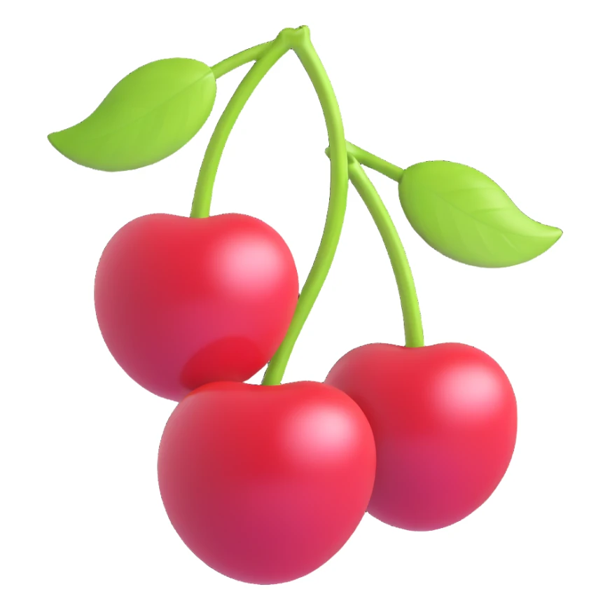Recreate two cherries with leaves in iOS 3D emoji style, vibrant and glossy, no background. sticker