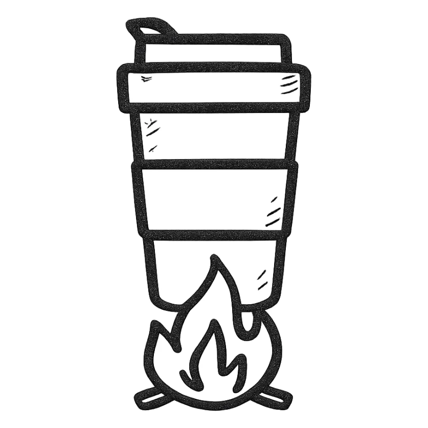 travel mug on a fire, hand drawn outlined icon style, no fill sticker