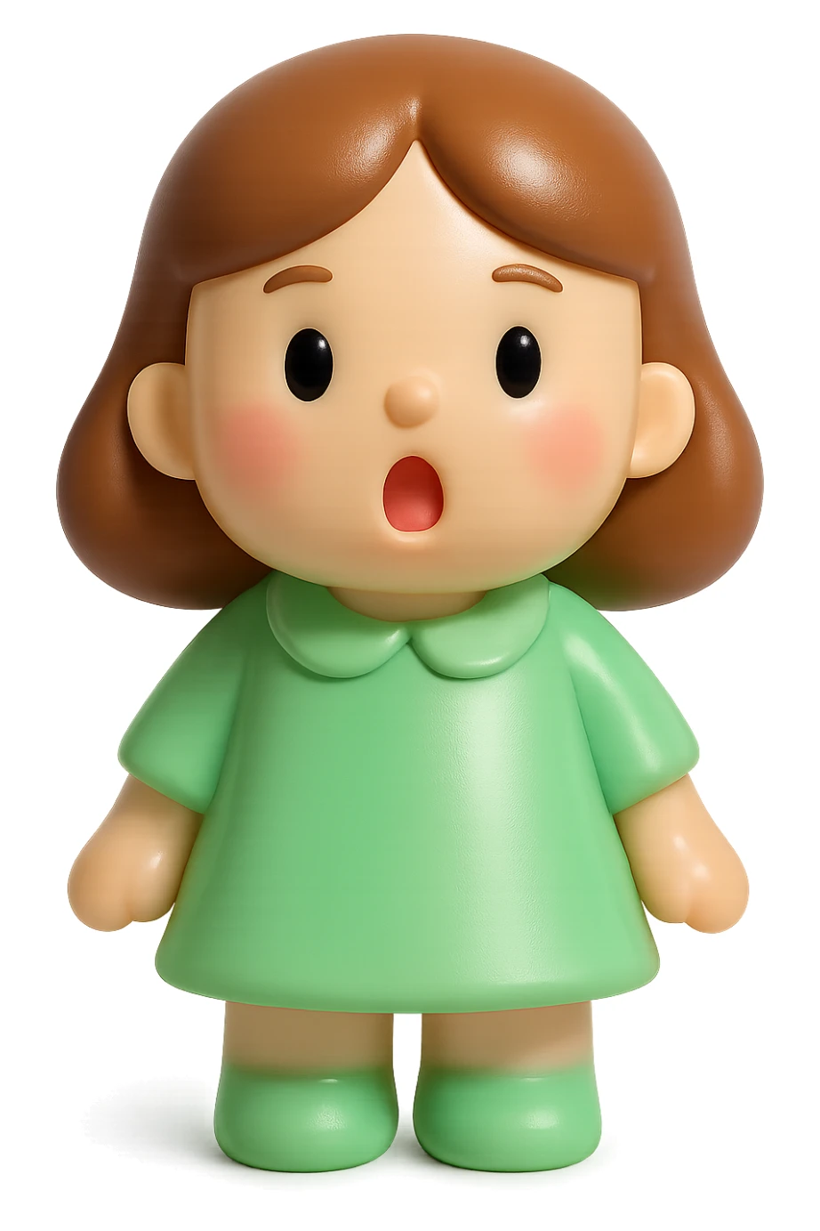 girl in green clothes, soft pastel color palette, surprised expression, icon-like appearance sticker