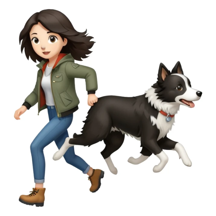 A beautiful girl with fair skin wearing a jacket chasing a Border Collie sticker