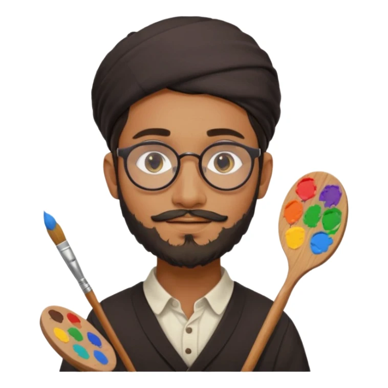generate an ios genmoji of a 20 year old tan indian boy with rounded spectacles and a AMISH beard, carrying a paintbrush and palette sticker