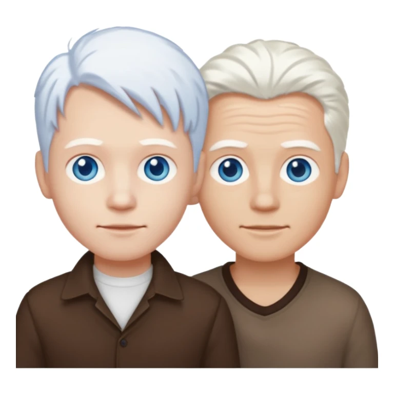 Two guys standing together, one is an albino with striking blue eyes and pure white hair, the other has dark brown hair and warm brown eyes, simple cartoonish emoji style sticker