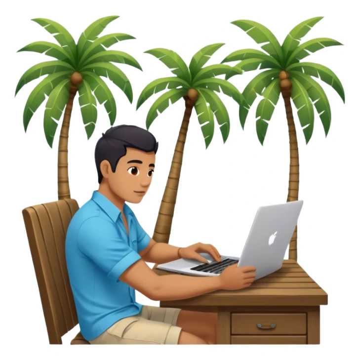 A digital nomad in bali working on a laptop wearing a tropical blue shirt with a palm tree on the side sticker