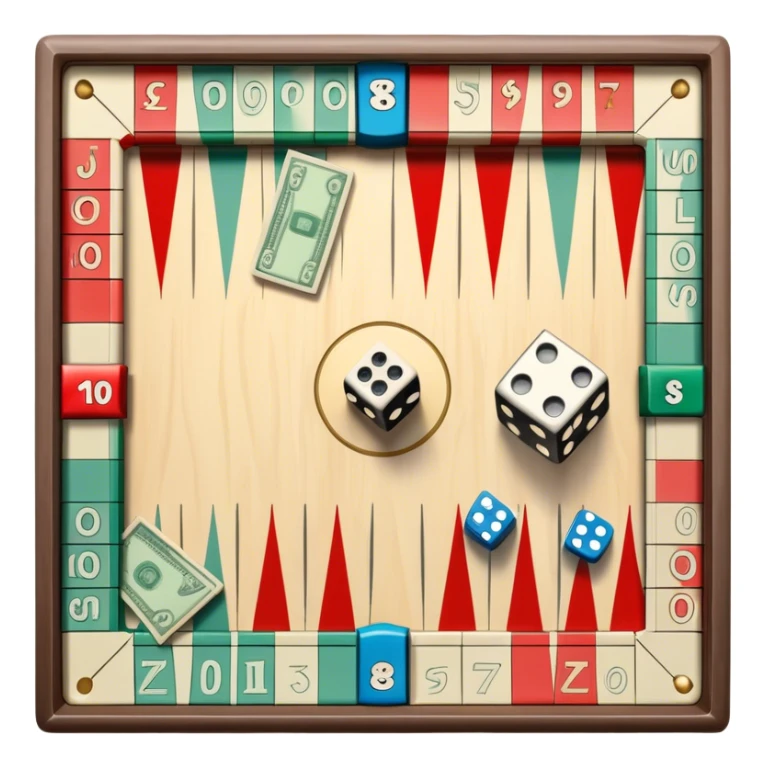 A photorealistic icon featuring a backgammon board with dice, a Monopoly board with money and property cards and a Game of Life spinner. The design captures the detailed textures of the boards, pieces, and accessories. Transparent background. sticker