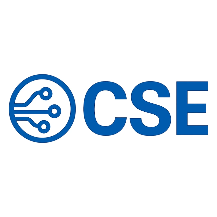 modern CSE logo, bold sans-serif letters, simple tech icon, blue and white sticker