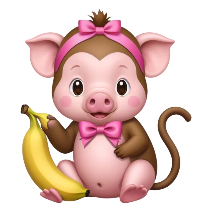 a pig with a pink ribbon on its head and a monkey eating a banana sticker