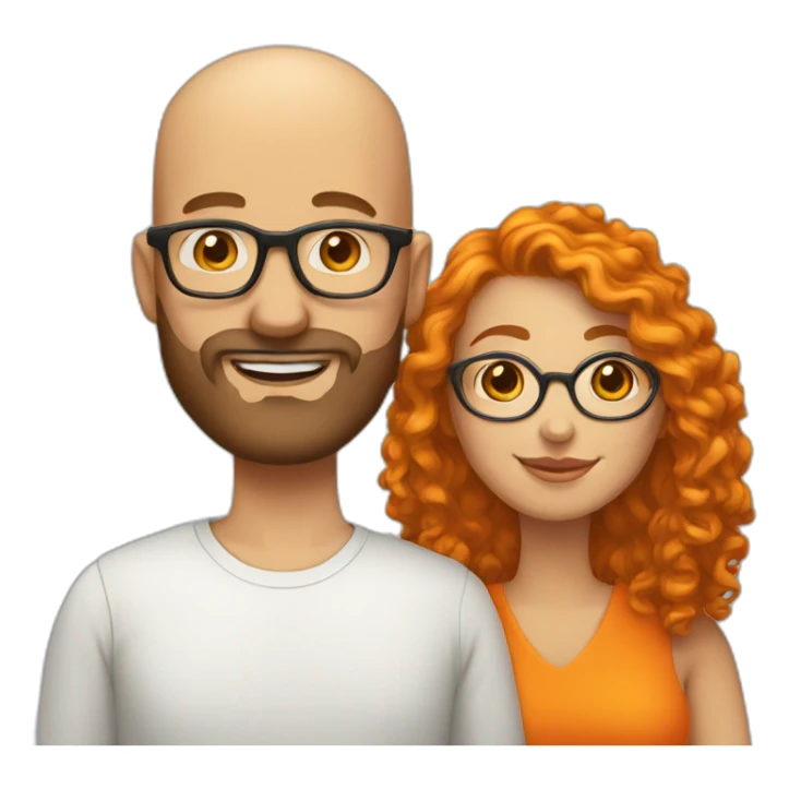 Bald man with beard and optical glasses and his wife with orange short curly and orange hair sticker