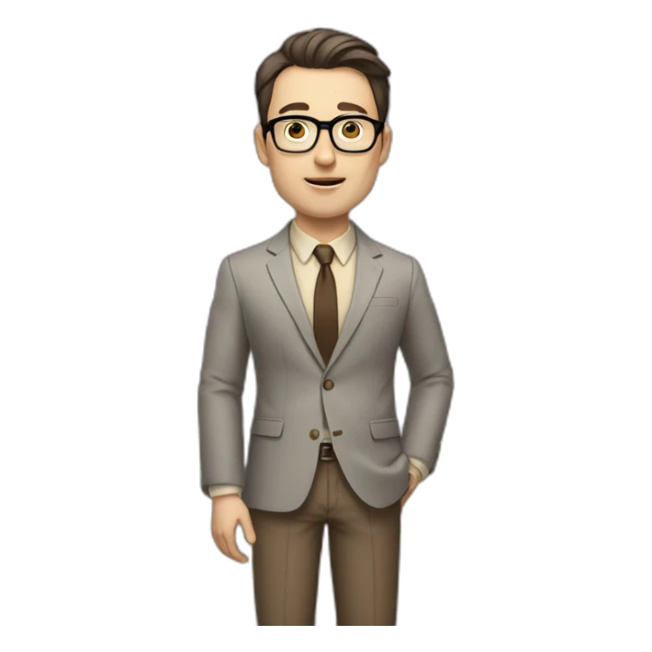 Full height Actively Gesturing Pale skinned fit man with dark brown hair in gray jacket, beige office shirt, brown tie, brown pants and vintage glasses. sticker