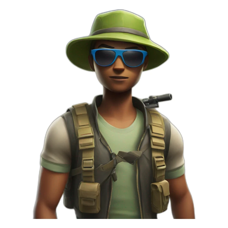Boy with sunglasses and cap in fortnite with sniper sticker