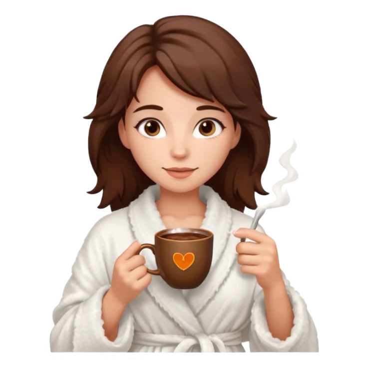 {
      "type": "human",
      "look": "fluffy robe woman, messy hair, holding cup of cocoa",
      "description": "a woman in a fluffy robe with messy hair, holding a cup of cocoa"
    } sticker