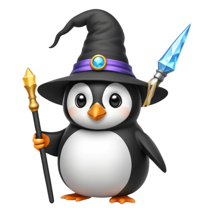 penguin wearing a wizard hat and holding a magic wand sticker