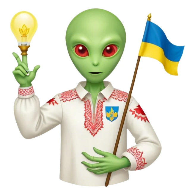 Green alien in Shirt 👚 vyshyvanka, white with red embodiary on sleeved, with 🇺🇦 Ukraine flag in a hand sticker