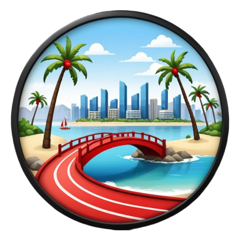 a circle island with modern buildings, a beach with palm trees and a red bridge in the back  sticker