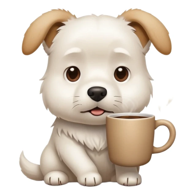 A white dog holding a coffee cup looking stressed and busy sticker