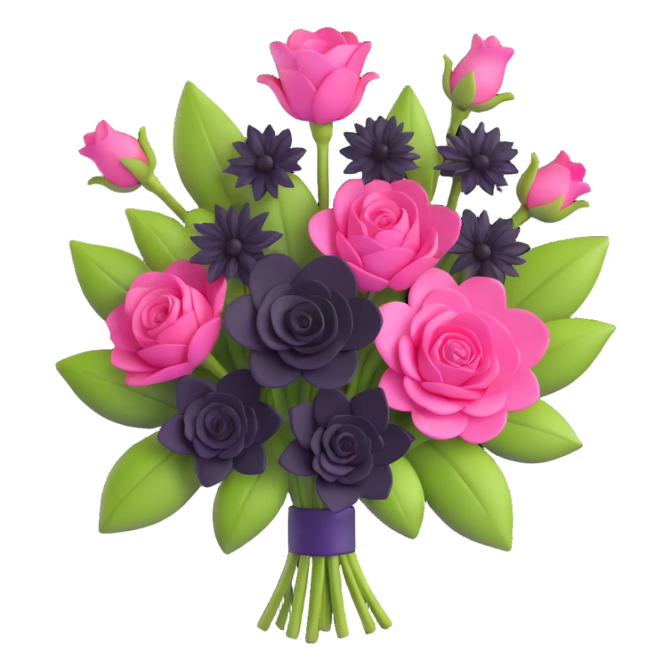 realistic 3D gothic bouquet with pink and black flowers, minimal and elegant sticker