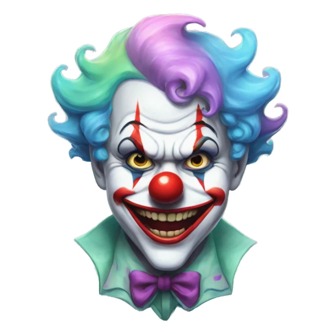 A soaking wet clown, joker-like, very scary, pastel colours, sticker